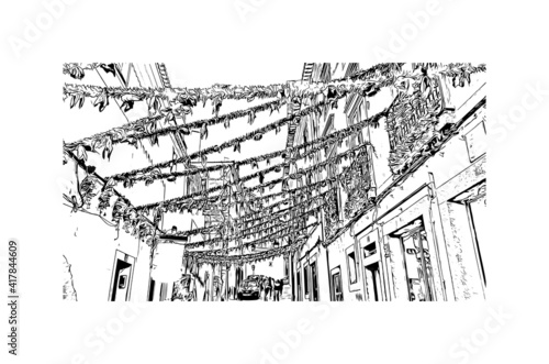Building view with landmark of Evora is the
city in Portugal. Hand drawn sketch illustration in vector.