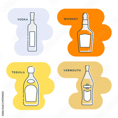 Bottle vodka whiskey tequila vermouth line art in flat style. Restaurant alcoholic illustration for celebration design. Beverage outline icon. Isolated on shape background in graphic style.