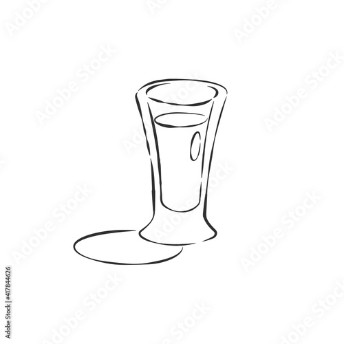 Glass shot tequila with shadow. Drink element. Contour object. Retro wineglass hand draw, design for any purposes. Restaurant illustration. Simple sketch. Isolated on white backdrop in engraving style