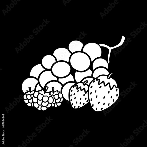 Fresh berries dark mode glyph icon. Ripe grape. Raspberry and strawberry. Healthy eating. Dietary food. Vegan recipe ingredient. White silhouette symbol on black space. Vector isolated illustration