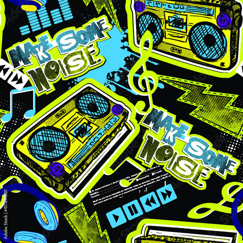 Abstract seamless grunge urban pattern with radio tape recorder, headphones, text Make some noise drawing in graffiti style. For boys. For textile, sport wear, graphic tees and more