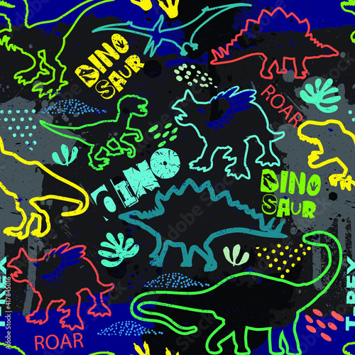Seamless  silhouette  Dino pattern, print for T-shirts, textiles, wrapping paper, web. Original design with t-rex, dinosaur.  grunge design for boys and girls