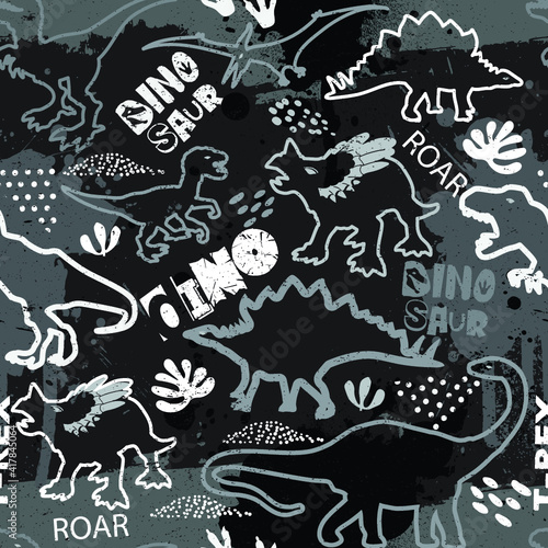 Seamless  silhouette  Dino pattern, print for T-shirts, textiles, wrapping paper, web. Original design with t-rex, dinosaur.  grunge design for boys and girls