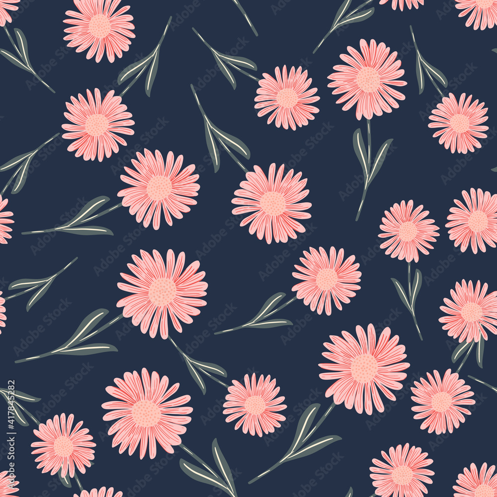 Random abstract seamless pattern with doodle pink chrysanthemum shapes. Navy blue background. Botanic backdrop.