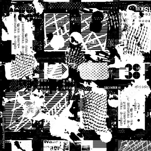 Seamless Grunge geometric pattern for girls, boys, fashion textile, sport clothes. Urban modern design with curved squares, shape, spray paint elements. Chaotic guys repeated monochrome backdrop 