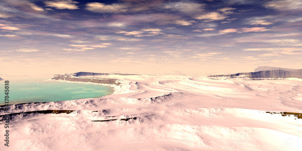 Obraz premium Alien Planet. Mountain and lake. 3D rendering