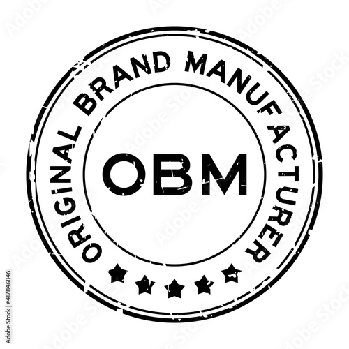 Grunge black OBM Original Brand Manufacturer word round rubber seal stamp on white background