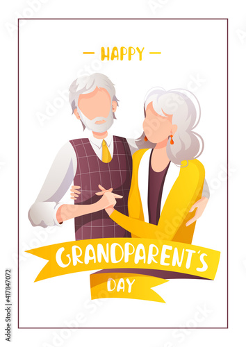 Happy Grandparent's Day Greeting Card design. Elderly couple embracing with love. Hand drawn lettering. Vector Illustration for card, postcard, poster, banner.