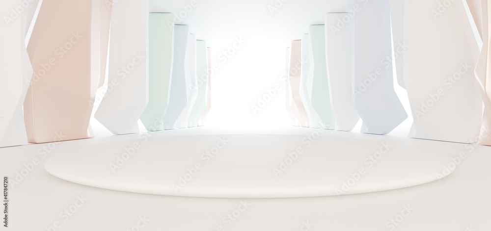 Luxury parametric abstract architectural minimalistic background. Contemporary showroom. Modern colored glass exhibition tunnel. Empty gallery. Backlight. 3D illustration and rendering.