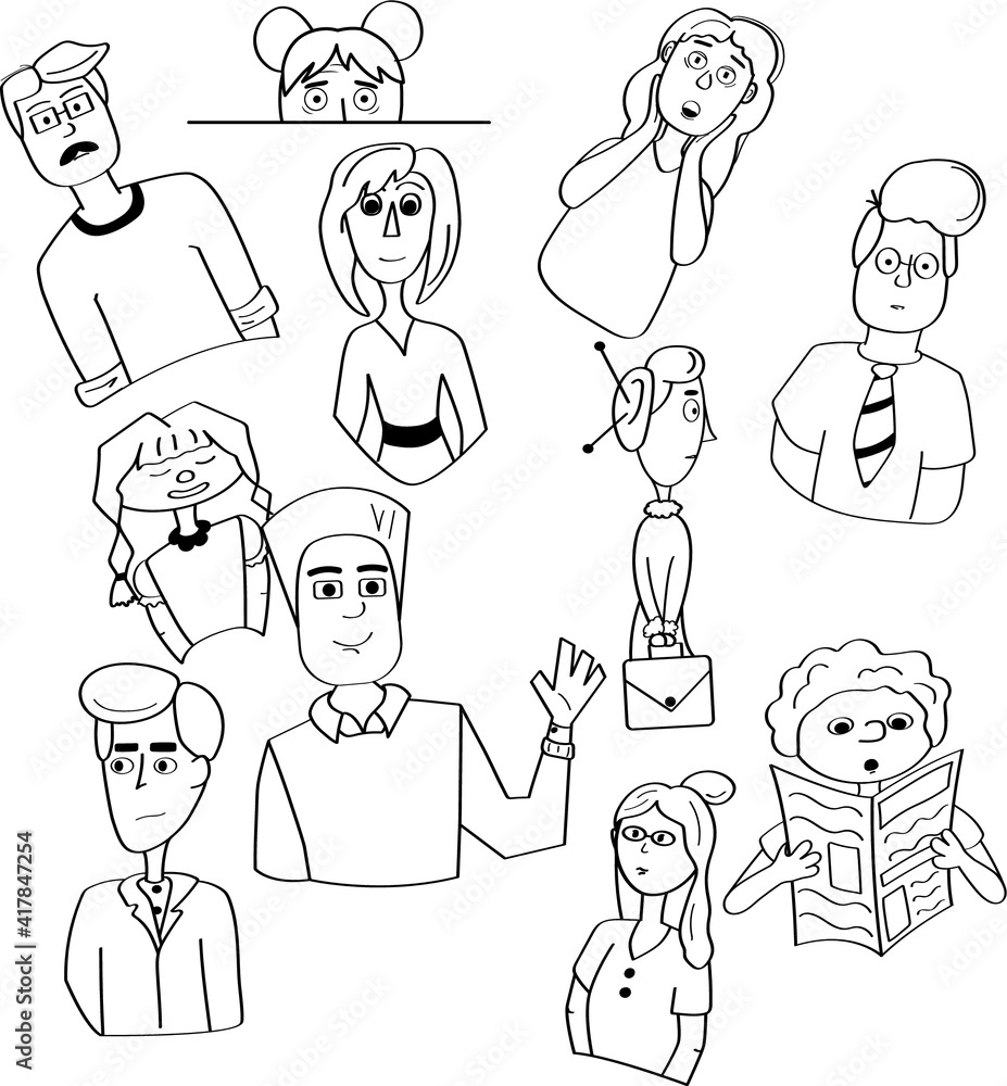 Vector hand drawn cartoon female and male characters illustration of facial expression. Boys and girls doodle faces seamless pattern. Black and white ink sketch. Stylish and fun pattern for wallpaper Vector hand drawn cartoon female and male characters illustration of facial expression. Boys and girls doodle faces seamless pattern. Black and white ink sketch. Stylish and fun pattern for wallpaper