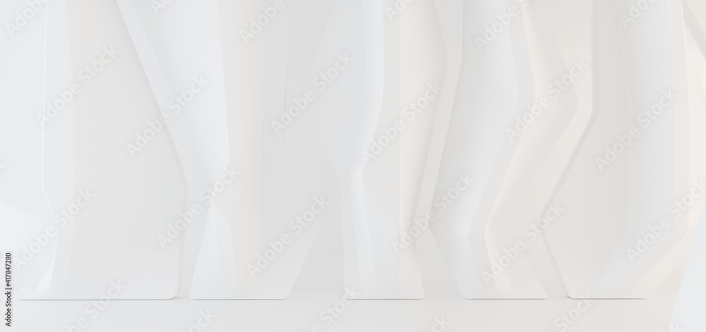Luxury white abstract architectural minimalistic background. Contemporary showroom. Modern exhibition stand. Empty gallery. Backlight. Polygonal Graphic Design. 3D illustration and rendering.