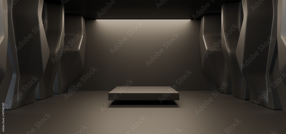 Luxury parametric abstract architectural minimalistic background. Contemporary showroom. Modern black exhibition tunnel. Empty gallery. Stand, table. Interior backlight. 3D illustration and rendering.