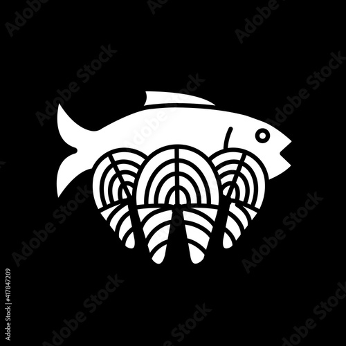 Fish steaks dark mode glyph icon. Fresh salmon. Tuna for cooking. Healthy food. Mediterranean seafood. Grocery products. White silhouette symbol on black space. Vector isolated illustration