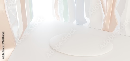 Obraz na płótnie Luxury parametric abstract architectural minimalistic background. Contemporary showroom. Modern colored glass exhibition tunnel. Empty gallery. Backlight. 3D illustration and rendering. w salonie