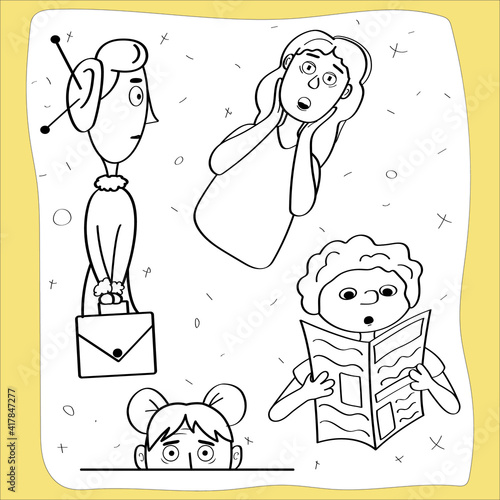 hand drawn illustration of a character. Personaje, shok, udivlenie, strax. People vector outline illustration isolated background