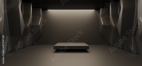 Obraz na płótnie Luxury parametric abstract architectural minimalistic background. Contemporary showroom. Modern black exhibition tunnel. Empty gallery. Stand, table. Interior backlight. 3D illustration and rendering. w salonie