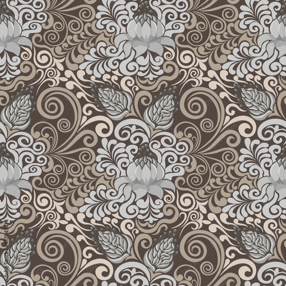 Obraz premium Seamless floral pattern, vector. Vintage pattern ,brown background.