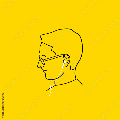 Man listen to music on headphones. Music therapy. Line art style.