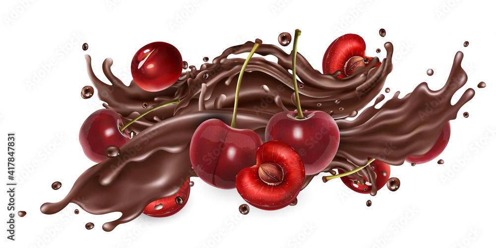 Naklejka Splash of liquid chocolate and fresh cherries.