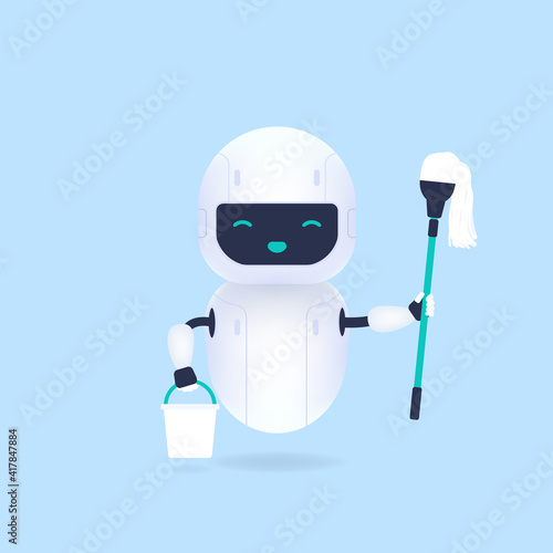 White friendly cleaning robot holding mop and bucket.