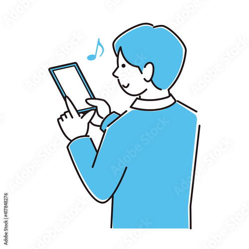 スマートフォンを操作しているスーツ姿の男性 笑顔 程よいシンプルなイラスト ベクター