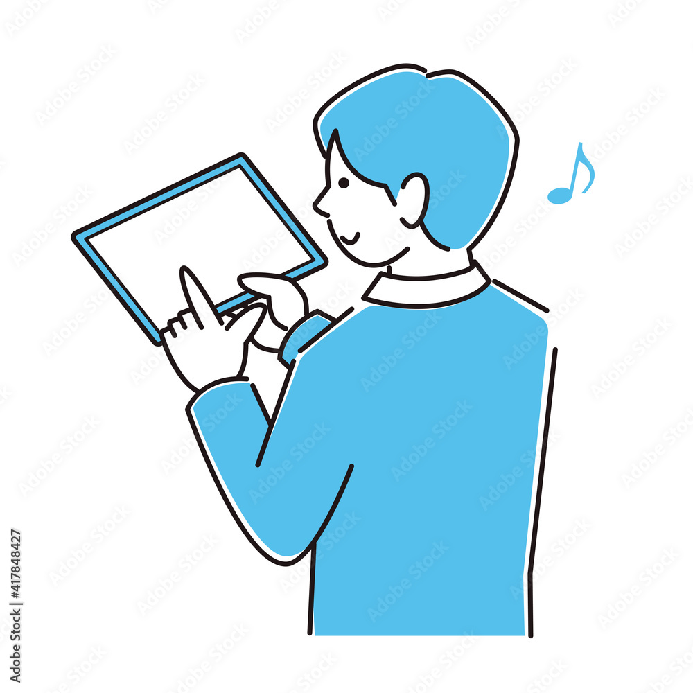 タブレットを操作しているスーツ姿の男性 笑顔 程よいシンプルなイラスト ベクター A man in a suit operating a tablet. Smile. A reasonably simple illustration. vector.
