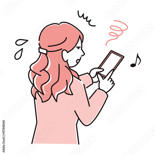 スマートホンを使いすぎてスマホ内斜視になり困っているスーツ姿の女性 程よいシンプルなイラスト ベクター