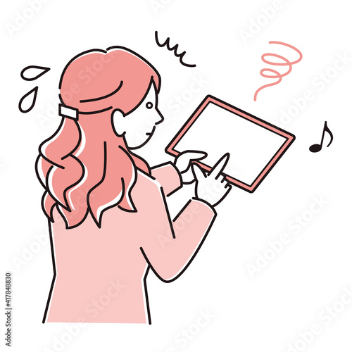 タブレットを使いすぎてスマホ内斜視になり困っているスーツ姿の女性 程よいシンプルなイラスト ベクター