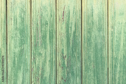 Background from old boards with cracked paint. Gentle green color close-up. Background for your design.