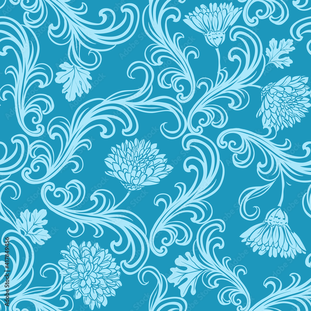 Chrysanthemums seamless pattern in rococo style