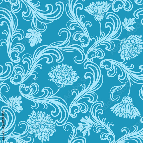 Chrysanthemums seamless pattern in rococo style
