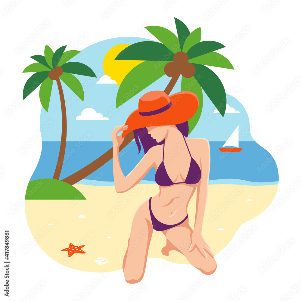 Girl in a bathing suit and hat under palm trees. Beautiful girl on the sand by the sea rests and sunbathes. Flat design. Vector illustration