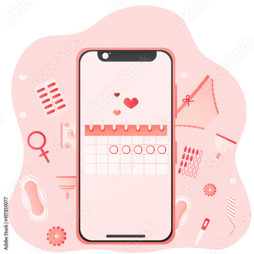 Menstruation cycle calendar mobile app, woman health elements around, ovulation check, pads, pills, female hygiene concept in cartoon style on white background