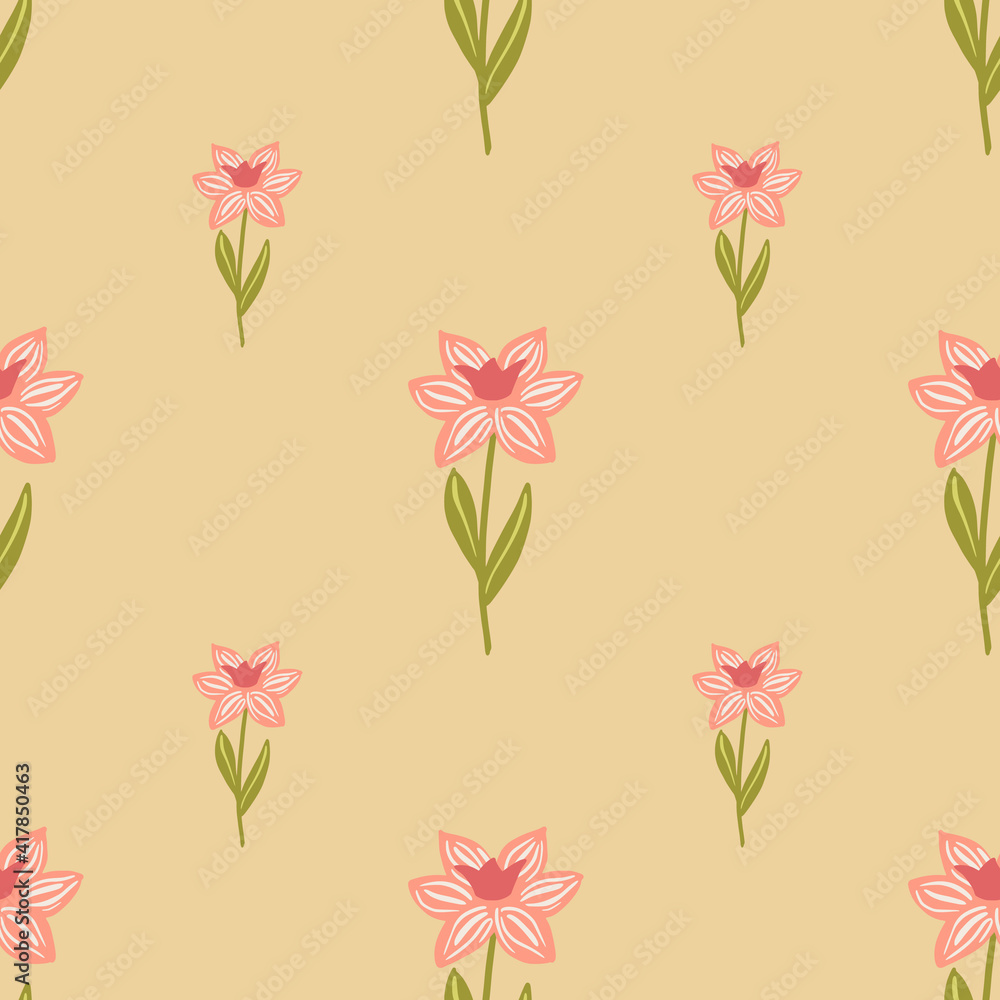 Vintage nature seamless pattern with hand drawn pink contoured flower simple silhouettes. Beige background.