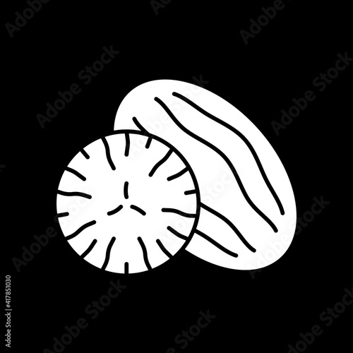 Cut fruit dark mode glyph icon. Dry raisin. Nut with vitamins. Nutrient food. Recipe ingredient. Grocery product and foodstuff. White silhouette symbol on black space. Vector isolated illustration