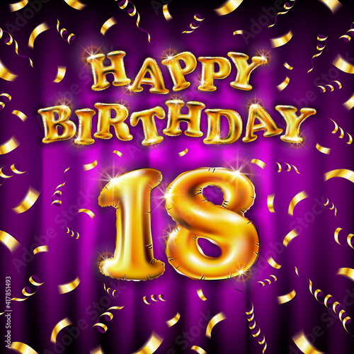 Canvas Print 18 Happy Birthday message made of golden inflatable balloon eighteen letters isolated on pink background fly on gold ribbons with confetti