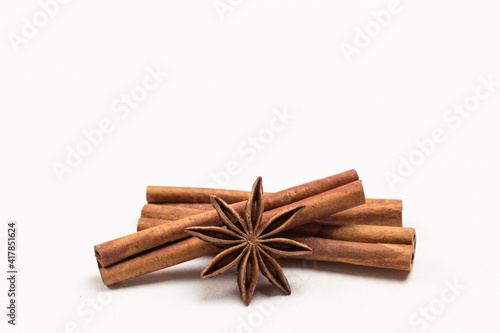 Star anise spices and cinnamon sticks close up