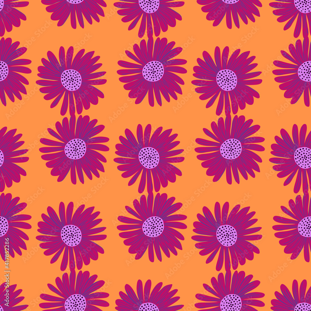 Bright seamless botanic pattern with bright pink daisy flower elements. Orange background. Simple style. Bright seamless botanic pattern with bright pink daisy flower elements. Orange background. Simple style.
