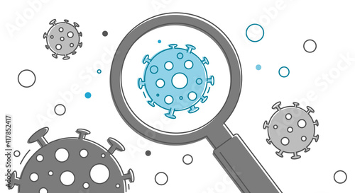 Flying virus molecules in the air.Finds a new strain of coronavirus.Blue virus under a magnifying glass.