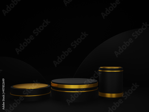 3D black geometric podium with golden frame.