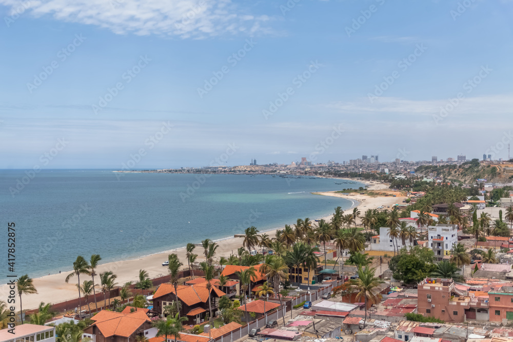 Aerial view of downtown Luanda, marine coast and beach, marginal and central buildings, in Angola