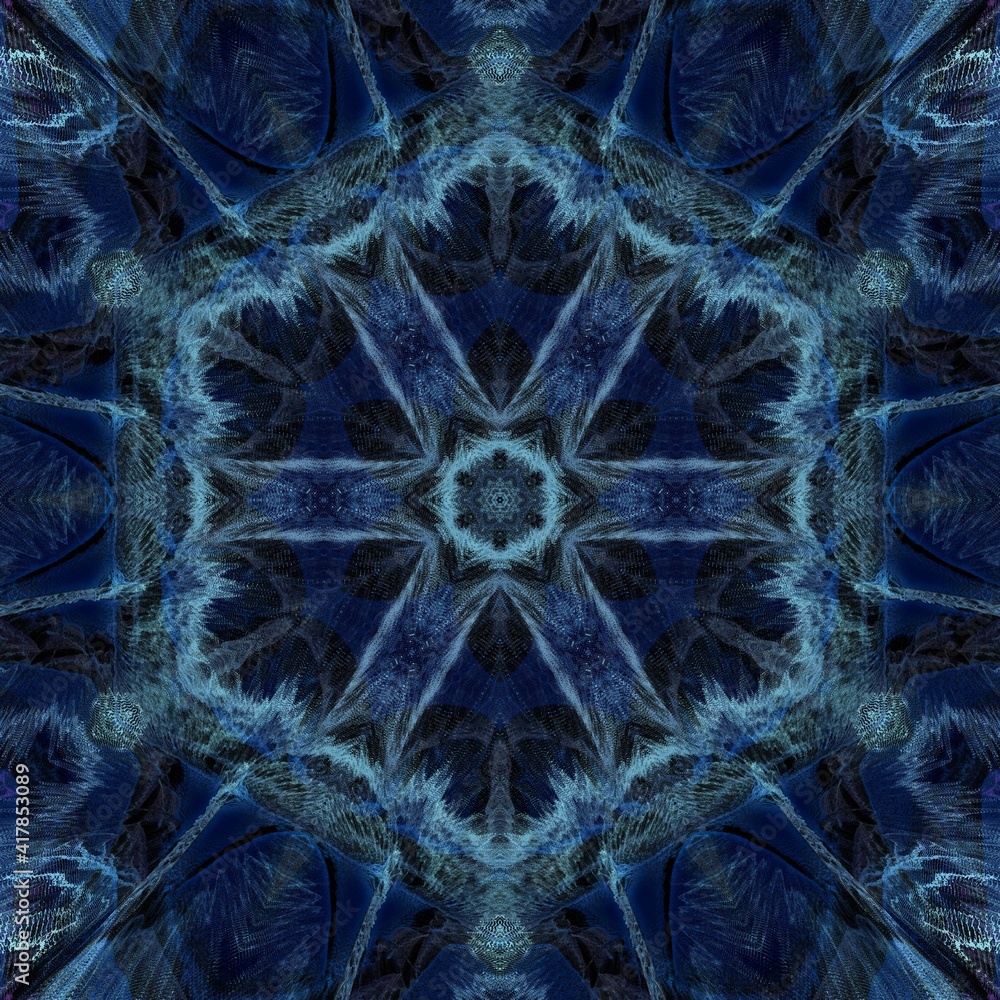 hexagonal patterns and floral fantasy designs in shades of blue on a black background hexagonal patterns and floral fantasy designs in shades of blue on a black background