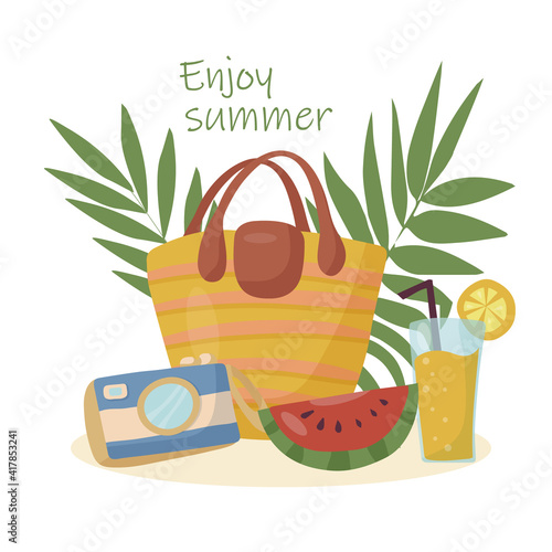 Enjoy the summer time. Set with things for a beach party with a fruity cocktail Against a background of palm leaves. Vector objects and things for vacation and travel