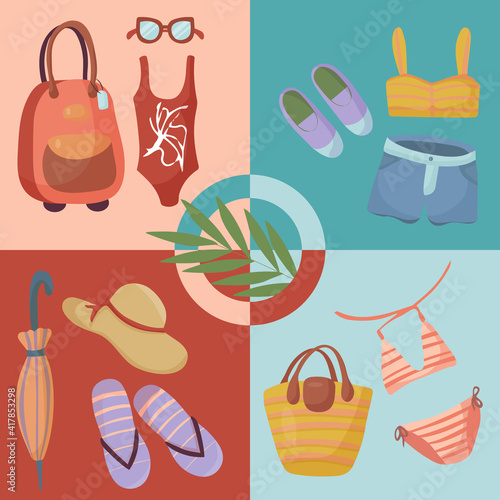 Summer clothing sets. Beach Accessories. Fashionable outfit for tourism. Vector items and things for vacation and travel. Flat design style on four multicolor banners