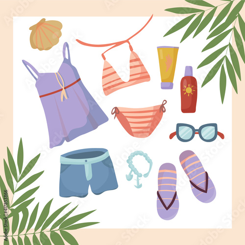Summer Clothing Set. Beach Accessories. Vector items and things for vacation and travel, planning fashionable outfits and sets. Casual style. Simple flat illustration