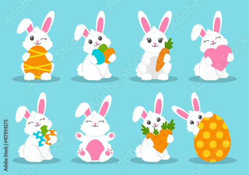 Happy Easter. Set of little cute rabbits. Carrot, bunny, eggs. Colored flat vector illustration isolated on blue background. Cartoon character.
