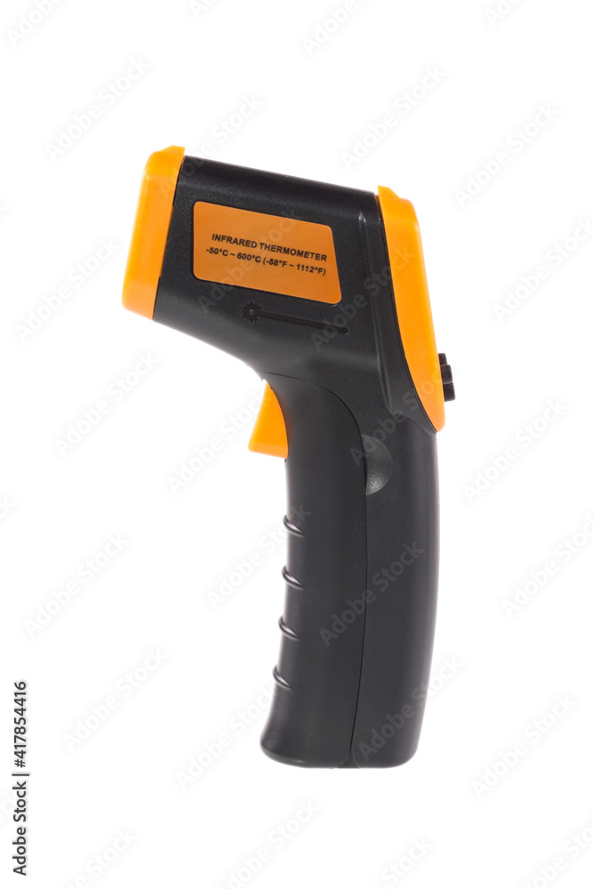 Yellow-black pyrometer isolated on white background. A device for non-contact temperature measurement. Yellow-black pyrometer isolated on white background. A device for non-contact temperature measurement.