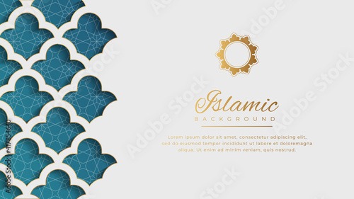 Islamic Arabic White Luxury Arabesque Pattern Background with Elegant Golden Border	 photo