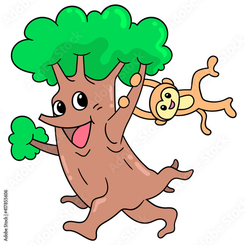 a tree with a happy face walking playing with the hanging monkey, doodle icon image kawaii