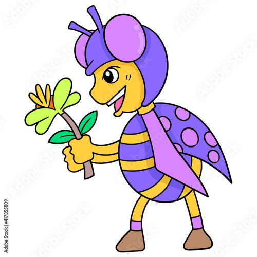 cute ladybug brings sunflowers for romance, doodle icon image kawaii